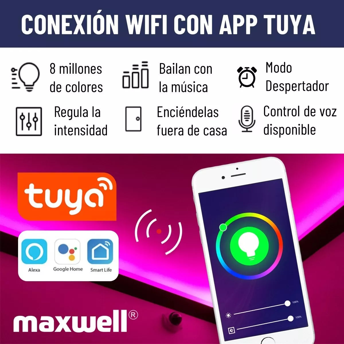 Tira Cinta Luces Led Rgb Wifi 5 Mt Total App Tuya +conector