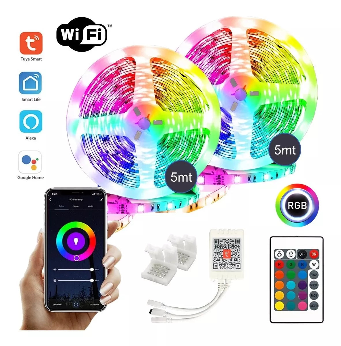 Tira Cinta Luces Led Rgb Wifi 5 Mt Total App Tuya +conector